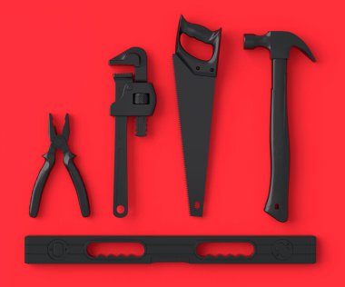 Kırmızı ve siyah arkaplanda onarım ve kurulum için monokrom inşaat araçlarının üst görüntüsü. Tesisatçı ya da tamirci için 3D tasvir ve hizmet afişi