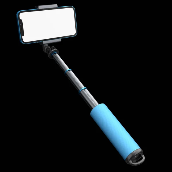 Ρεαλιστικό Smartphone Λευκή Οθόνη Και Μπλε Selfie Stick Απομονωμένο Μαύρο — Φωτογραφία Αρχείου