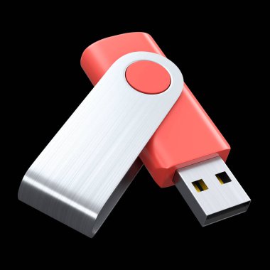 Taşınabilir kırmızı USB flaş bellek siyah arkaplanda izole edildi. Ev işi stüdyo çalışma alanı için 3 boyutlu aksesuar hazırlama