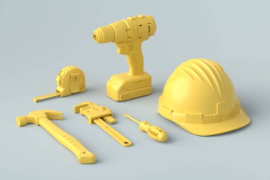 Gri ve sarı arka planda onarım ve kurulum için monokrom inşaat araçlarının farklı bir görüntüsü. Tesisatçı ya da tamirci için 3D tasvir ve hizmet afişi