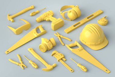 Gri ve sarı arka planda onarım ve kurulum için monokrom inşaat araçlarının farklı bir görüntüsü. Tesisatçı ya da tamirci için 3D tasvir ve hizmet afişi