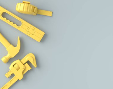 Gri ve sarı arka planda monokrom inşaat araçlarının üst görüntüsü. Tesisatçı ya da tamirci için 3D tasvir ve hizmet afişi