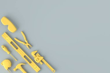 Gri ve sarı arka planda monokrom inşaat araçlarının üst görüntüsü. Tesisatçı ya da tamirci için 3D tasvir ve hizmet afişi