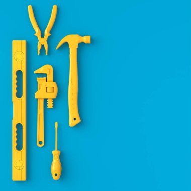 Mavi ve sarı arka planda monokrom inşaat araçlarının üst görüntüsü. Tesisatçı ya da tamirci için 3D tasvir ve hizmet afişi