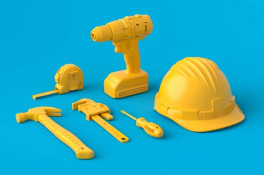 Mavi ve sarı arka planda monokrom yapı araçlarının onarımı ve montajı için farklı bir bakış açısı. Tesisatçı ya da tamirci için 3D tasvir ve hizmet afişi