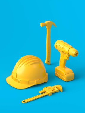 Mavi ve sarı arka planda monokrom yapı araçlarının onarımı ve montajı için farklı bir bakış açısı. Tesisatçı ya da tamirci için 3D tasvir ve hizmet afişi