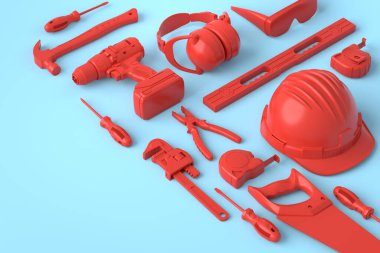 Mavi ve kırmızı zemin üzerinde onarım ve kurulum için monokrom inşaat araçlarının farklı bir görüntüsü. Tesisatçı ya da tamirci için 3D tasvir ve hizmet afişi