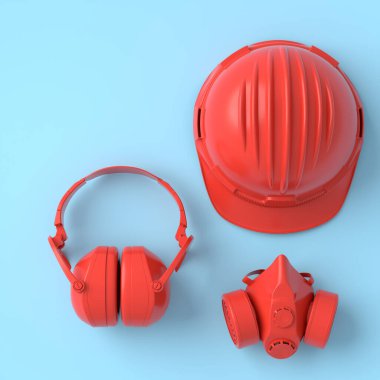 Mavi ve kırmızı arka planda monokrom inşaat araçlarının üst görüntüsü. Tesisatçı ya da tamirci için 3D tasvir ve hizmet afişi