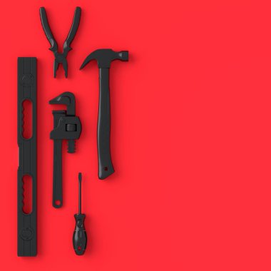 Kırmızı ve siyah arkaplanda onarım ve kurulum için monokrom inşaat araçlarının üst görüntüsü. Tesisatçı ya da tamirci için 3D tasvir ve hizmet afişi