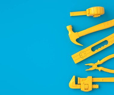 Mavi ve sarı arka planda monokrom inşaat araçlarının üst görüntüsü. Tesisatçı ya da tamirci için 3D tasvir ve hizmet afişi