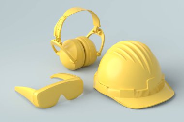 Gri ve sarı arka planda onarım ve kurulum için monokrom inşaat araçlarının farklı bir görüntüsü. Tesisatçı ya da tamirci için 3D tasvir ve hizmet afişi