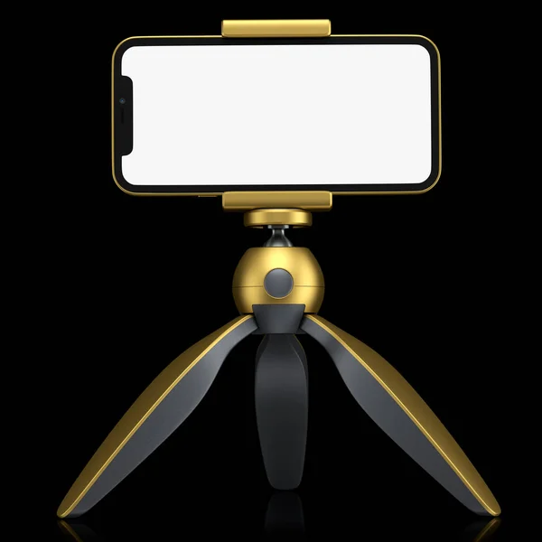 Realistic Smartphone Blank White Screen Gold Tripod Isolated Black Background — 图库照片
