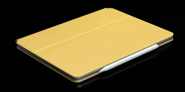 Computador Tablet Com Capa Ouro Lápis Isolado Sobre Fundo Preto — Fotografia de Stock