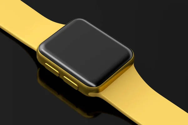 不锈钢金智能手表 黄色带子隔离在黑色背景上 可穿戴装置健康与健康跟踪器的三维渲染概念 — 图库照片