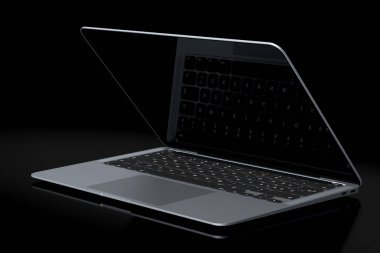 Siyah zemin üzerinde boş beyaz ekran görüntüsü olan gerçekçi alüminyum dizüstü bilgisayar. Ev stüdyosu çalışma alanı için 3D taşınabilir bilgisayar görüntüleme