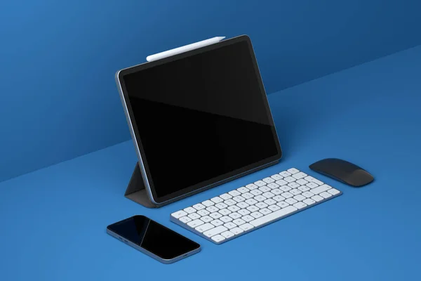 Computer Tablet Keyboard Mouse Phone Isolated Black Background Rendering Concept — Stock Photo, Image