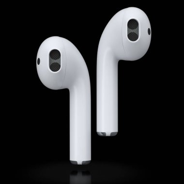 Kablosuz bluetooth beyaz kulaklıklar siyah arka planda izole edilmiş. Müzik dinlemek ya da evden uzak çalışmak için aksesuarların 3B görüntülenmesi