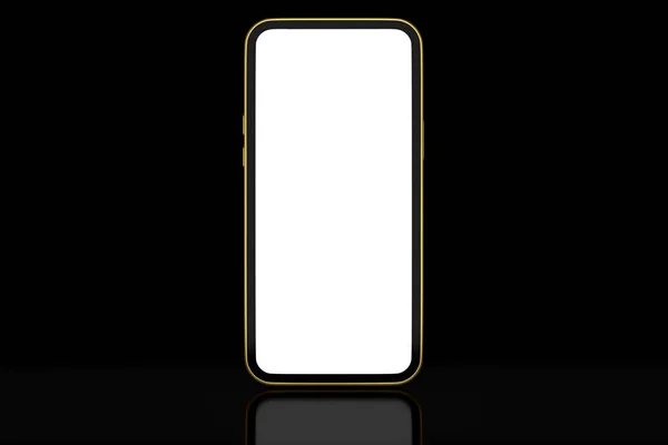 现实的金智能手机 空白白色屏幕隔离在黑色背景 用于演示的电话模板的三维绘制和紧凑工作空间的工具 — 图库照片