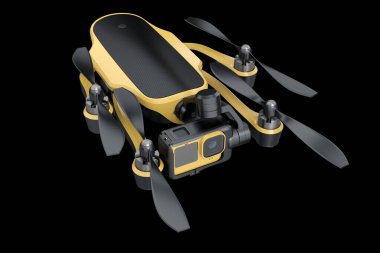 Siyah zemin üzerinde hareket kamerası olan uçan fotoğraf ve video drone veya kuadkopter. Dağıtım veya hava fotoğrafçılığı için aygıtın 3B görüntülemesi