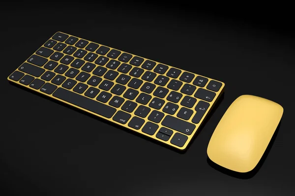 黒の背景に隔離された現代の金アルミコンピュータのキーボードとマウス ホームオフィスやワークスペースのためのギアの3Dレンダリング — ストック写真