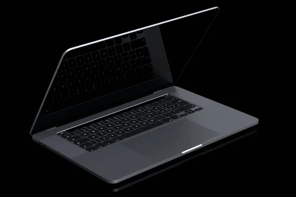 Realistyczny Aluminiowy Laptop Pustym Białym Ekranem Odizolowany Czarnym Tle Renderowanie — Zdjęcie stockowe