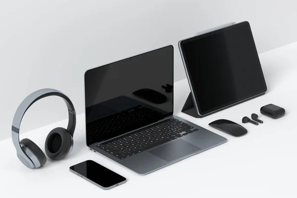 Реалістичний Алюмінієвий Ноутбук Графічним Планшетом Мишкою Навушниками Телефоном Ізольовано Білому — стокове фото
