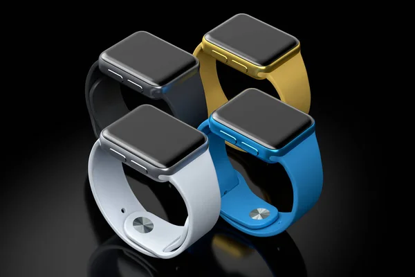Conjunto de relógios inteligentes com alças coloridas em fundo preto. — Fotografia de Stock