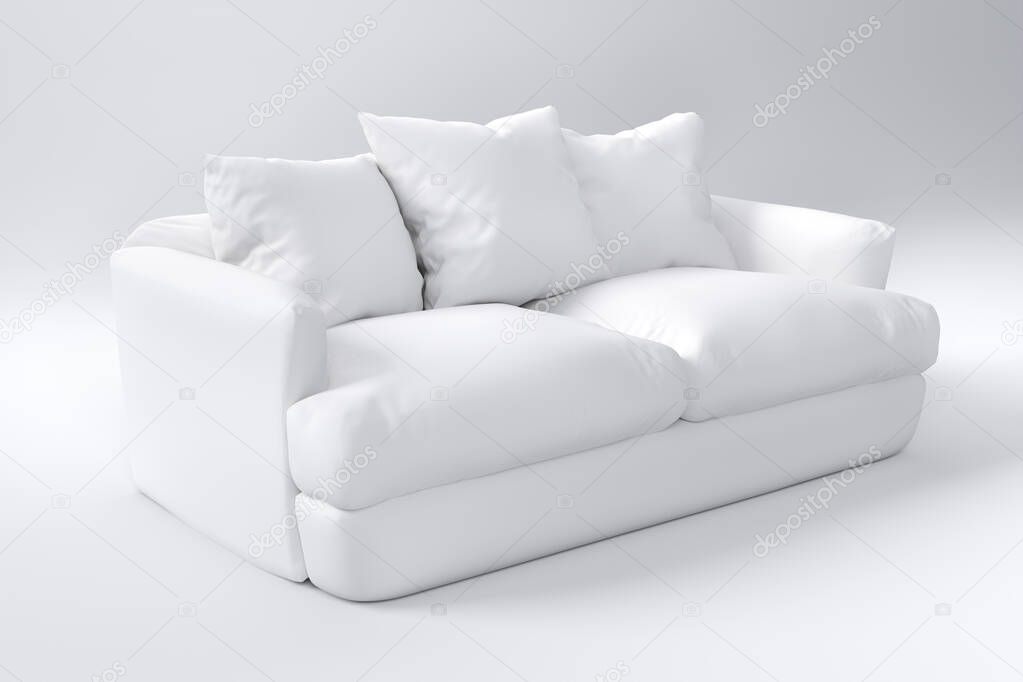 Monochrome couch with pillows on studio white background.