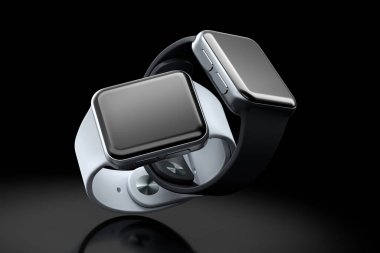 Siyah arkaplanda renkli kayışlara sahip akıllı saatler..