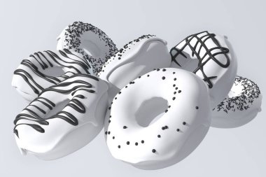 Beyaz arka planda siyah serpiştirilmiş uçan tek renkli çörekler. 3D hamur işi ve şekerleme ya da fırın hizmetleri.