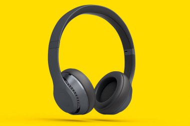 Sarı arka planda izole edilmiş profesyonel oyun kulaklıkları. Üç boyutlu kulaklık ve müzik ekipmanı tasarımı