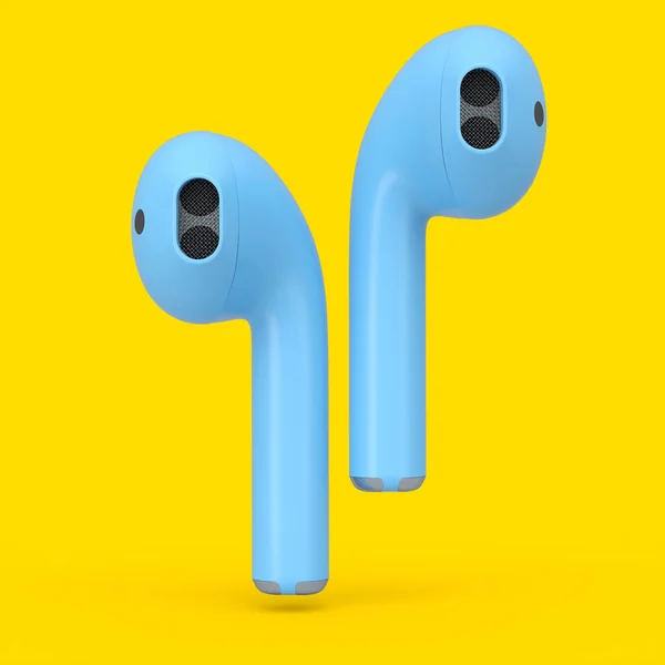 Auriculares Inalámbricos Bluetooth Azul Aislados Sobre Fondo Amarillo Representación Accesorios —  Fotos de Stock