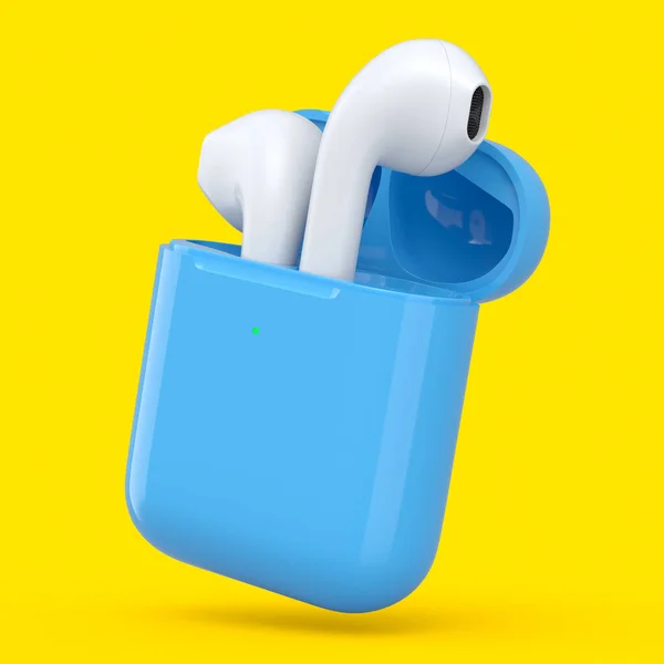 Auriculares Inalámbricos Bluetooth Estuche Azul Aislados Sobre Fondo Amarillo Representación —  Fotos de Stock