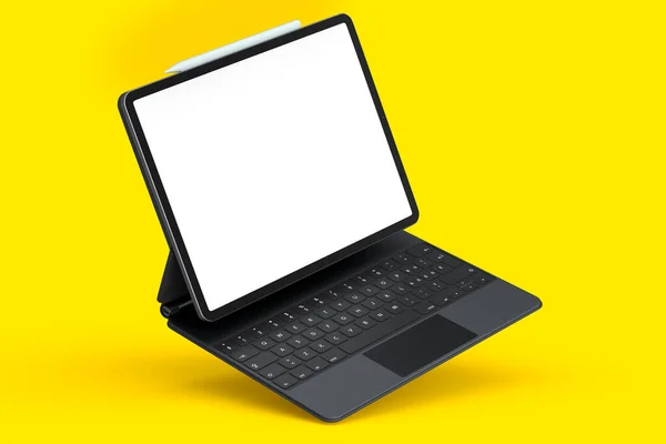 キーボードと黄色の背景に隔離された空白の画面を持つコンピュータタブレット 創造的なデザイナー機器とコンパクトなワークスペースの3Dレンダリングコンセプト — ストック写真