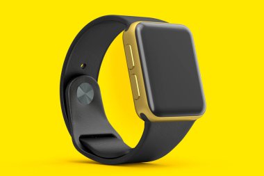 Sarı arka planda siyah kayışı olan paslanmaz altın akıllı saat. Giyilebilir aygıt sağlığı ve fitness izleyicisi için 3B yorumlama kavramı