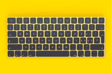 Sarı arka planda izole edilmiş modern altın alüminyum bilgisayar klavyesi. Ev ofisi ve çalışma alanı için 3B ekipman hazırlama