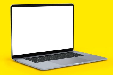 Sarı zemin üzerinde boş beyaz ekran görüntüsü olan gerçekçi alüminyum laptop. Ev stüdyosu çalışma alanı için 3D taşınabilir bilgisayar görüntüleme