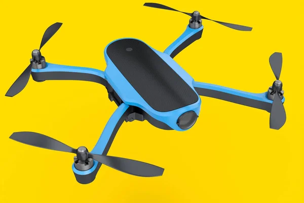 Flying photo and video drone or quadcopter with action camera isolated on yellow background. 3D rendering of device for delivery or aerial photography