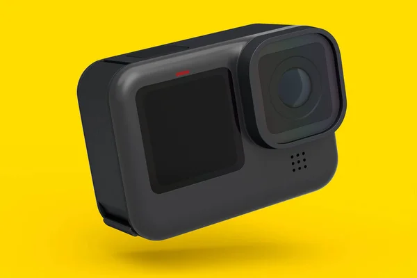 Foto Video Lichtgewicht Actie Camera Met Display Gele Achtergrond Weergave — Stockfoto