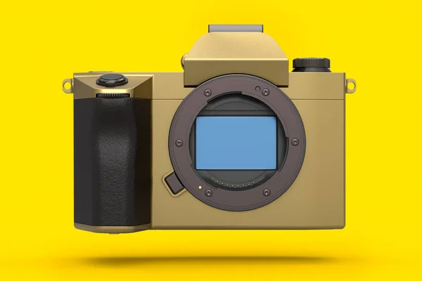 黄色の背景に隔離された金の存在しないデジタル一眼レフカメラの概念 ライブストリーミングやブログのためのプロの写真撮影機器の3Dレンダリングとイラスト — ストック写真