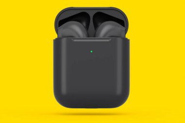 Siyah çantadaki kablosuz bluetooth kulaklıklar sarı arka planda izole edilmiş. Müzik dinlemek ya da evden uzak çalışmak için aksesuarların 3B görüntülenmesi