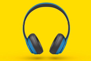 Sarı arka planda izole edilmiş profesyonel oyun kulaklıkları. Üç boyutlu kulaklık ve müzik ekipmanı tasarımı
