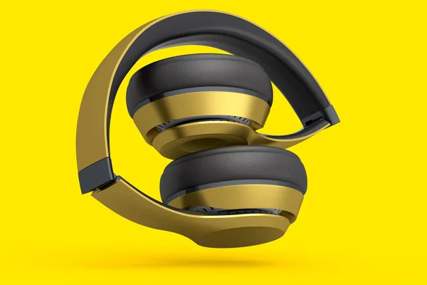 专业的游戏耳机在黄色背景下隔离 过度耳机的3D渲染和音乐设备的概念 — 图库照片
