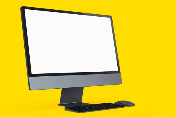 Realistisches Dunkelgraues Computerbildschirm Display Mit Tastatur Und Maus Auf Gelbem — Stockfoto