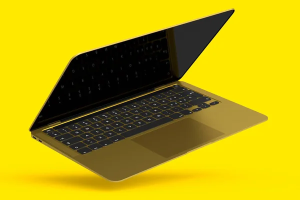 黄色の背景に隔離された空の白い画面表示と現実的な金のアルミニウムラップトップ 自宅スタジオのワークスペースのためのオープンポータブルコンピュータの3Dレンダリング — ストック写真