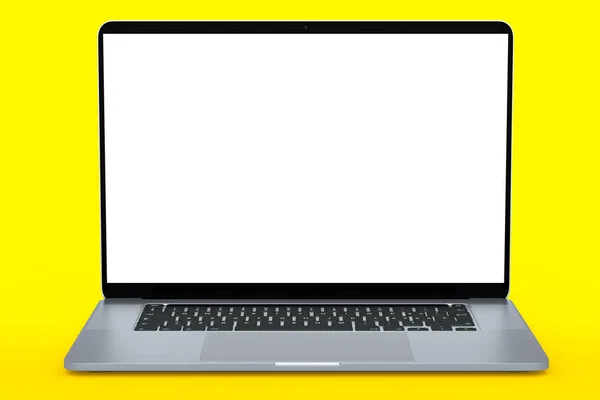 노란색 배경에 표시가 알루미늄 노트북이다 스튜디오 공간을 포터블 컴퓨터 렌더링 — 스톡 사진