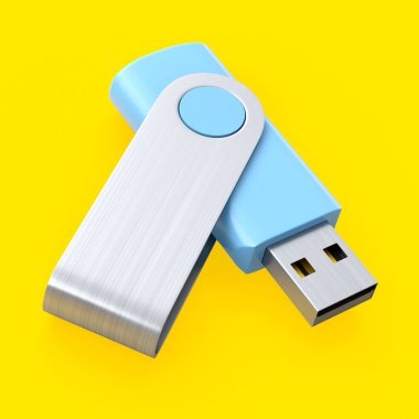 Taşınabilir mavi USB flaş bellek sarı arka planda izole edildi. Ev işi stüdyo çalışma alanı için 3 boyutlu aksesuar hazırlama