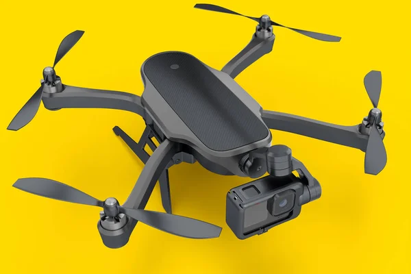 Flying photo and video drone or quadcopter with action camera isolated on yellow background. 3D rendering of device for delivery or aerial photography