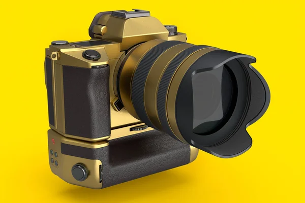 黄色の背景に孤立マクロレンズと金の存在しないデジタル一眼レフカメラの概念 3Dレンダリングとライブスタジオの写真撮影のためのプロの写真ギアのイラスト — ストック写真