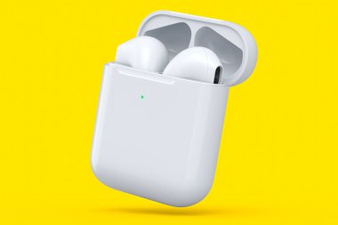 Beyaz çantadaki kablosuz bluetooth kulaklıklar sarı arka planda izole edilmiş. Müzik dinlemek ya da evden uzak çalışmak için aksesuarların 3B görüntülenmesi
